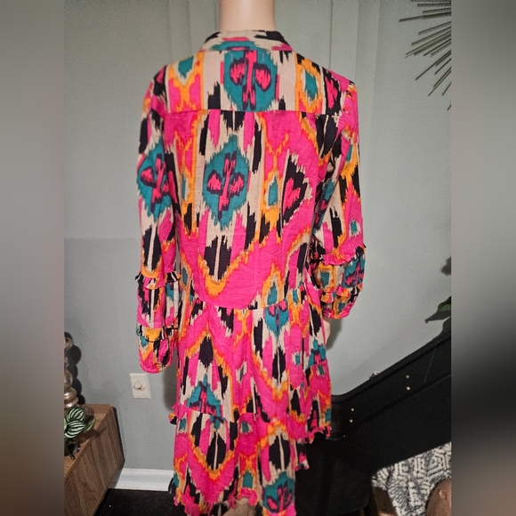 LA PLAGE Alison Long Sleeve Mini Dress – Ikat Fuchsia Multi. Size Small - Picture 11 of 14